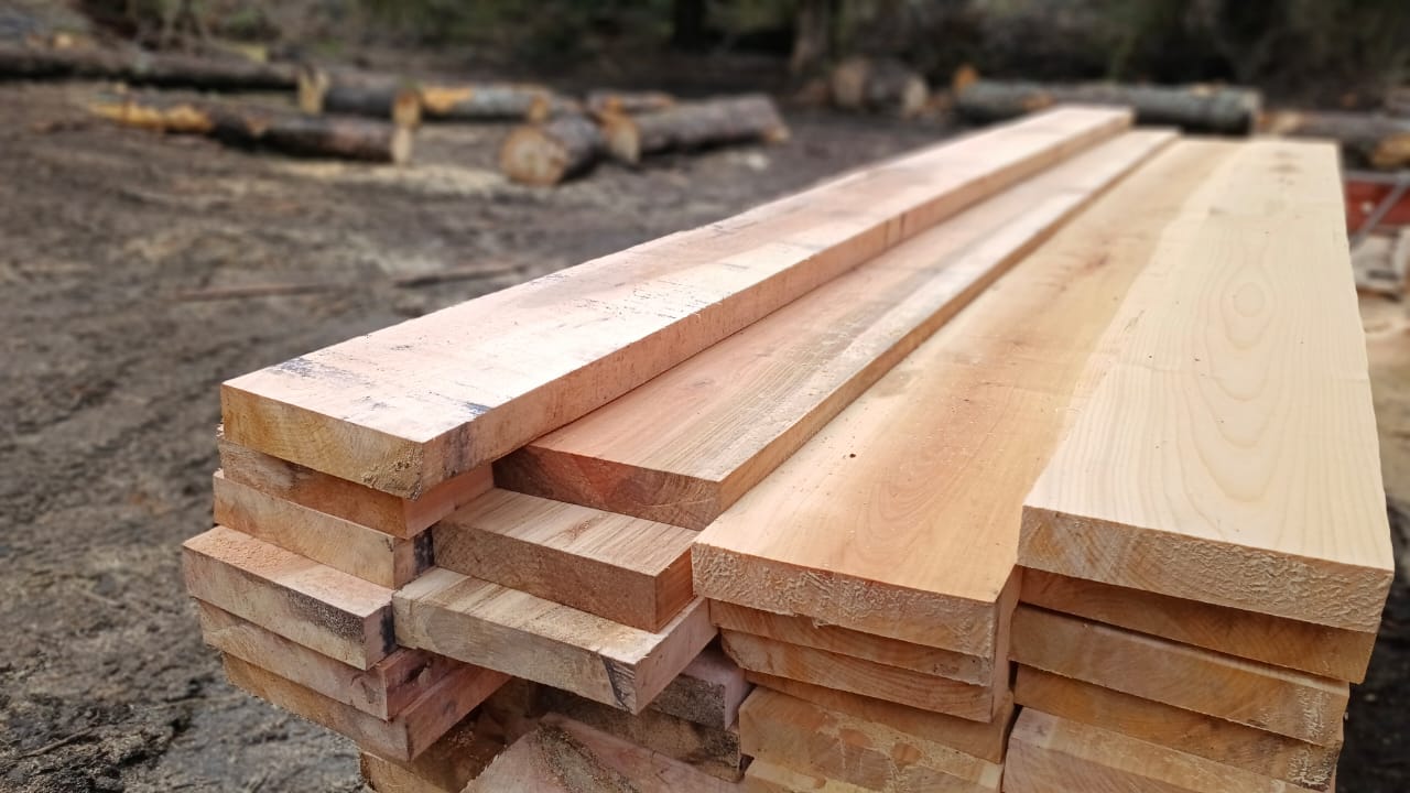Tablas de madera nativa apiladas en el aserradero